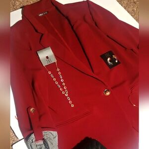 Shein Office Dark Red Statement Blazer roll-up sleeves blue strips chic